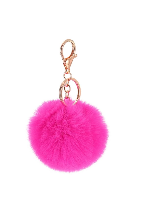 Pom Pom Keychain, 8cm Faux Rabbit Fur Puff Ball Keychain, Soft Cute Plush Fluffy Ball Key Ring for Women Purse Handbags Backpack Pendant Charm (Rose Red)