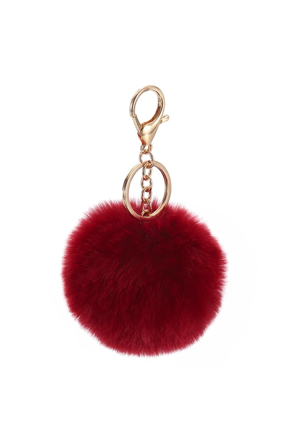 Pom Pom Keychain, 8cm Faux Rabbit Fur Puff Ball Keychain, Soft Cute Plush Fluffy Ball Key Ring for Women Purse Handbags Backpack Pendant Charm (Wine Red)