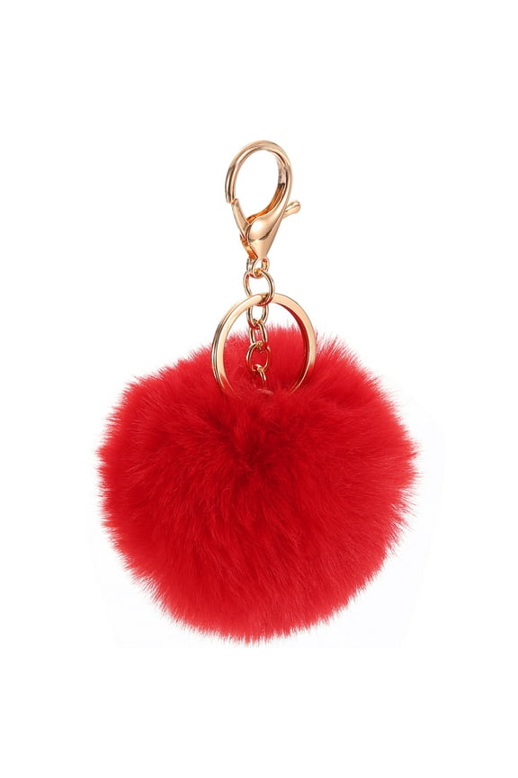 Pom Pom Keychain, 8cm Faux Rabbit Fur Puff Ball Keychain, Soft Cute Plush Fluffy Ball Key Ring for Women Purse Handbags Backpack Pendant Charm (Red)