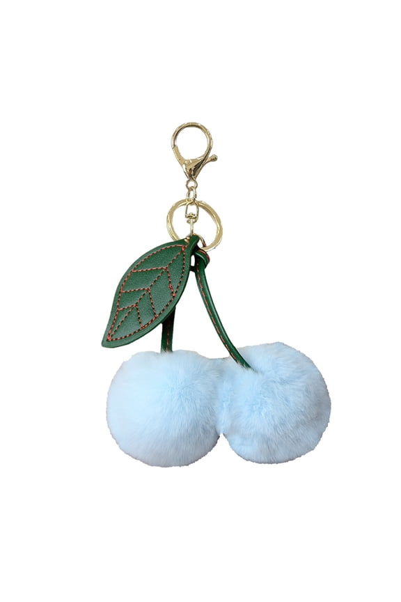 Pom Pom Keychain Cherry Bag Purse Charms for Handbags with Alloy Ring Buckle for Purse Backpack Women Blue