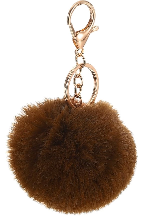 Pom Pom Keychain, Faux Rabbit Fur Puff Ball Pom Pom Bag Charms Pompoms Key Chain for Women Purse Coffee