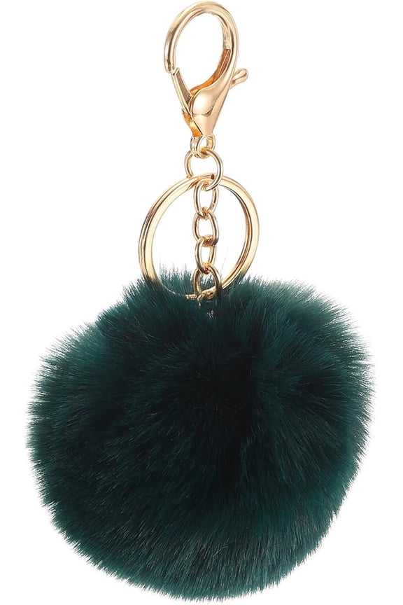 Pom Pom Keychain, Faux Rabbit Fur Puff Ball Pom Pom Bag Charms Pompoms Key Chain for Women Purse Dark Green