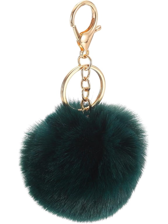 Pom Pom Keychain, Faux Rabbit Fur Puff Ball Pom Pom Bag Charms Pompoms Key Chain for Women Purse Dark Green