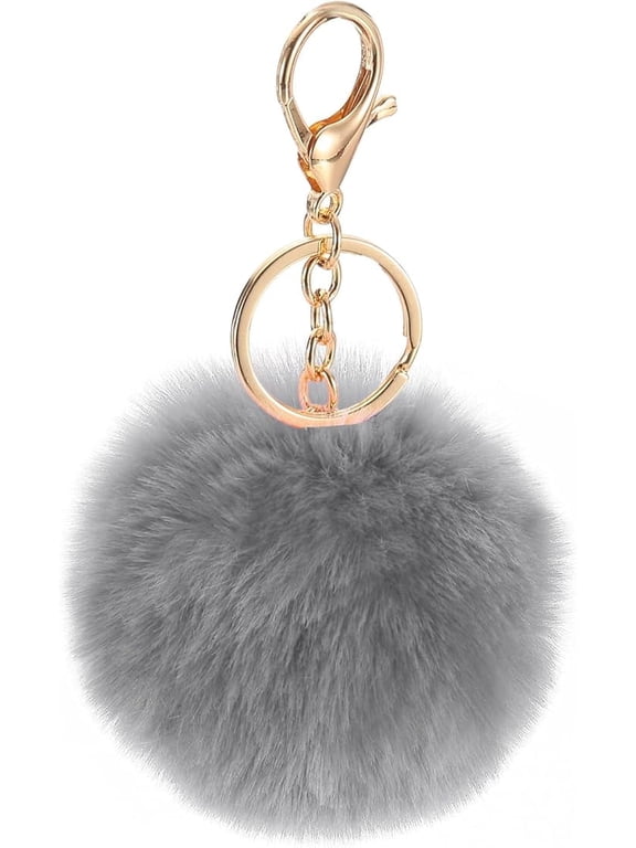 Pom Pom Keychain, Faux Rabbit Fur Puff Ball Pom Pom Bag Charms Pompoms Key Chain for Women Purse Gray