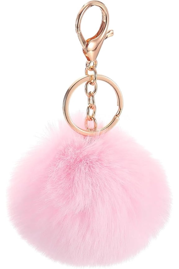 Pom Pom Keychain, Faux Rabbit Fur Puff Ball Pom Pom Bag Charms  Pompoms Key Chain for Women Purse  Light Pink