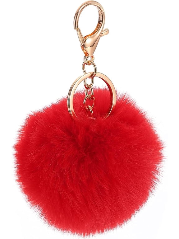 Pom Pom Keychain, Faux Rabbit Fur Puff Ball Pom Pom Bag Charms Pompoms Key Chain for Women Purse Red