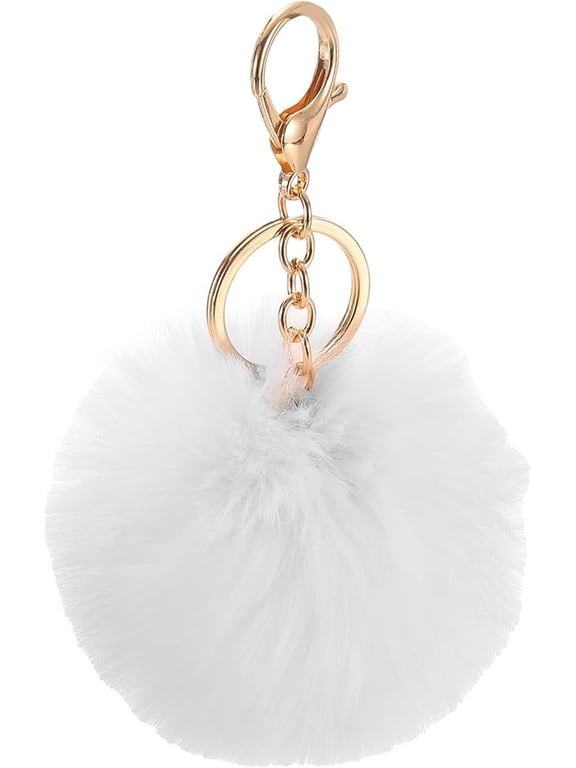 Pom Pom Keychain, Faux Rabbit Fur Puff Ball Pom Pom Bag Charms Pompoms Key Chain for Women Purse White