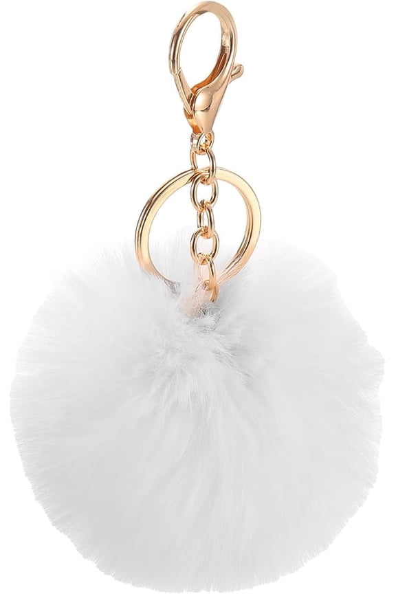Pom Pom Keychain, Faux Rabbit Fur Puff Ball Pom Pom Bag Charms Pompoms Key Chain for Women Purse White