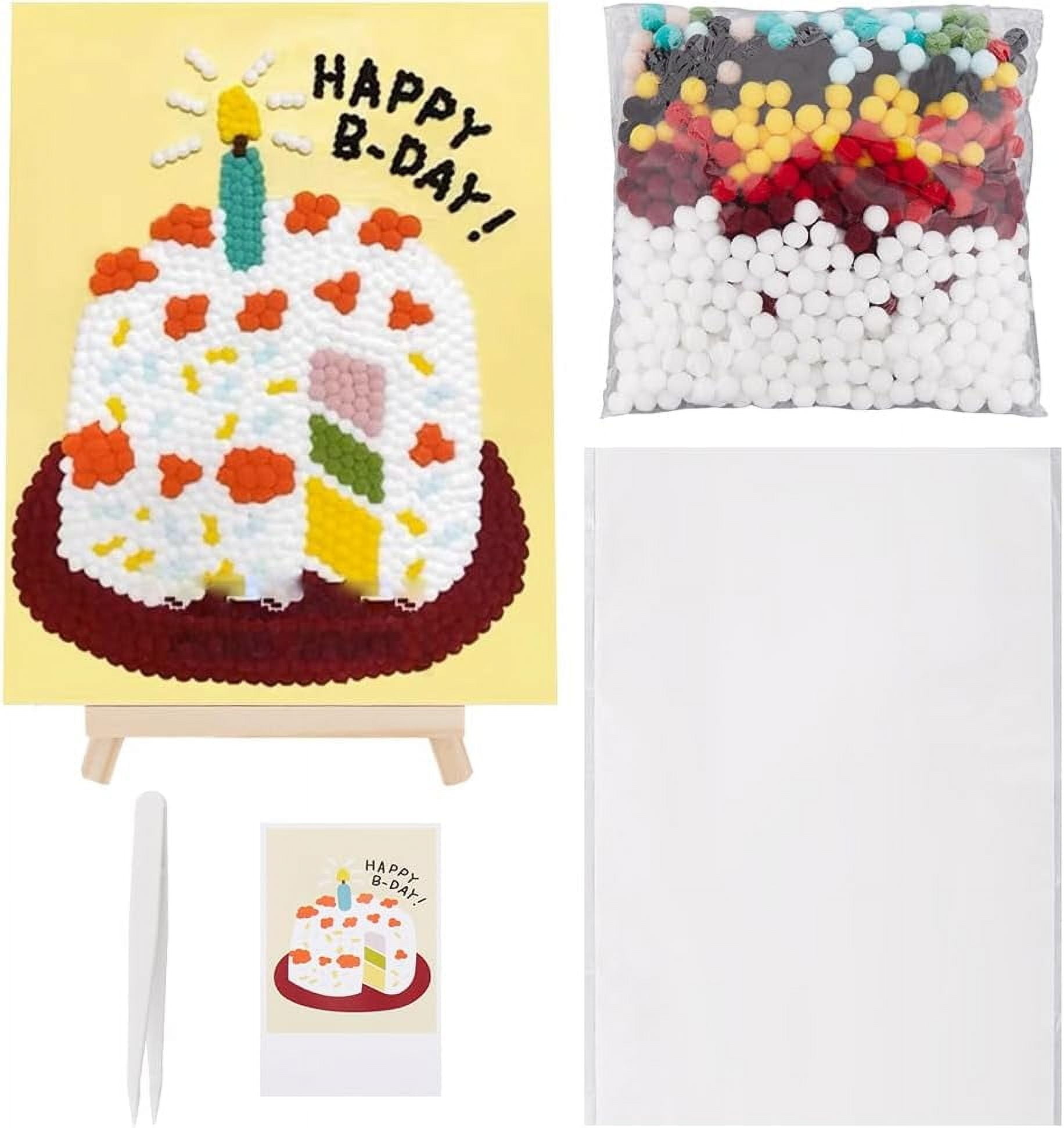 Pom Pom Painting Art Colorful Small Fluffy Balls Birthday Cake Drawing Board Pom Pom Pictures Craft with Wood Easels Photo Frame Pompoms Art Kit