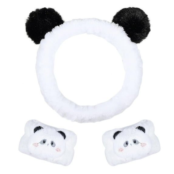 Pom Pom Panda Ears Plush Wash Face Headband, Spa Wrist Band Cuffs Hair Scrunchy, Women Girls Facial Makeup Skincare Bath Head Wrap, Kids Costume Party Supply Birthday Gift