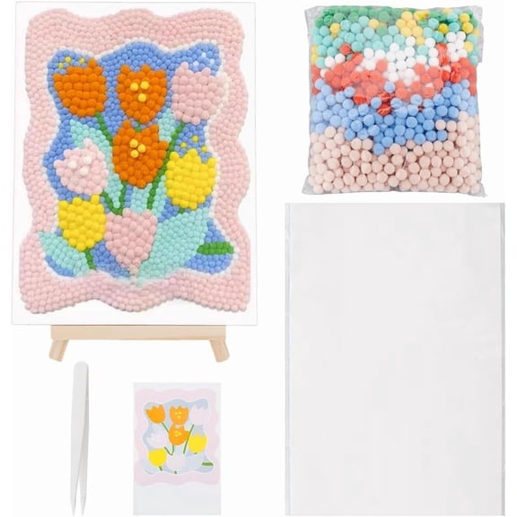 Pom Pom Pictures Craft Colorful Floral Pompom Art Kit with Wood Easels Photo Frame Drawing Board Flower Small Fluffy Balls Pom Pom Painting for Home Painting Art Supplies DIY Crafts DIY