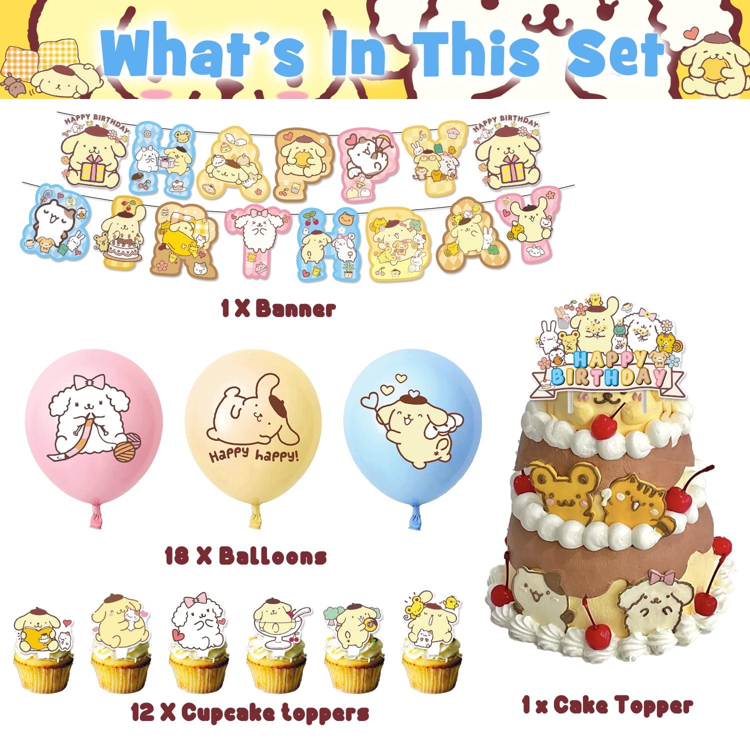 Pom Pom Purin Birthday Party Decoration Balloon Cake Flag Insertion ...
