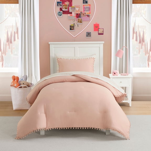 Pom-Pom Solid Kids Bedding Set Includes Printed Coordinated Sheet Set - Twin