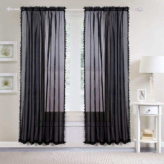 Elegant Comfort (2-Piece) Multipurpose Pom Pom Drapes, Semi-Sheer Window Curtains with 2 inch Rod Pocket, 40 X 84 inches, Black
