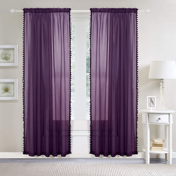 Pom-Pom Tassel Window Drapes, (Set of 2) Multipurpose Sheer Curtains, 40 X 84, Eggplant Purple