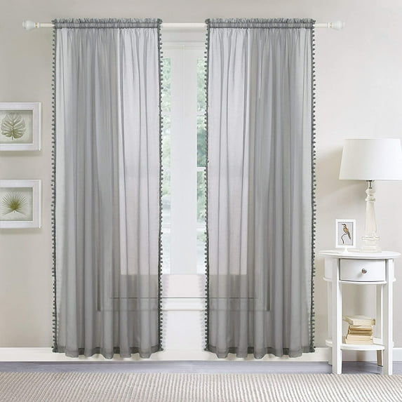 Pom-Pom Tassel Window Drapes, (Set of 2) Multipurpose Sheer Curtains, 60 X 84, Gray