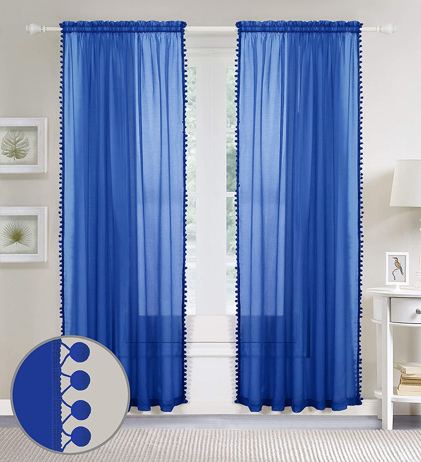 Pom Pom Tassled Sheer Curtain/Panel with 2" Rod Pocket-Set of 2 Curtain Panels,Bedroom