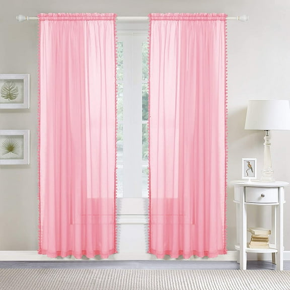Pom Pom Tassled Sheer Curtain/Panel with 2" Rod Pocket-Set of 2 Curtain Panels,Bedroom