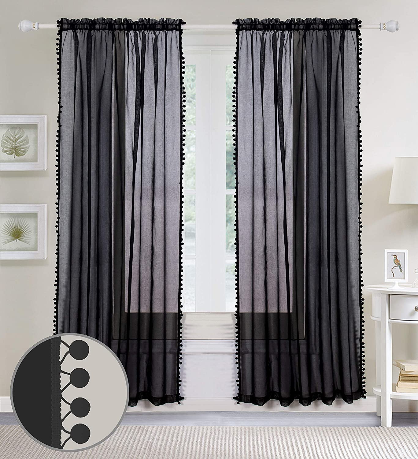 Pom Pom Tassled Sheer Curtain/Panel with 2" Rod Pocket-Set of 2 Curtain Panels,Bedroom