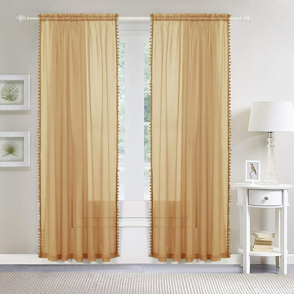 Pom Pom Tassled Sheer Curtain/Panel with 2" Rod Pocket-Set of 2 Curtain Panels,Bedroom