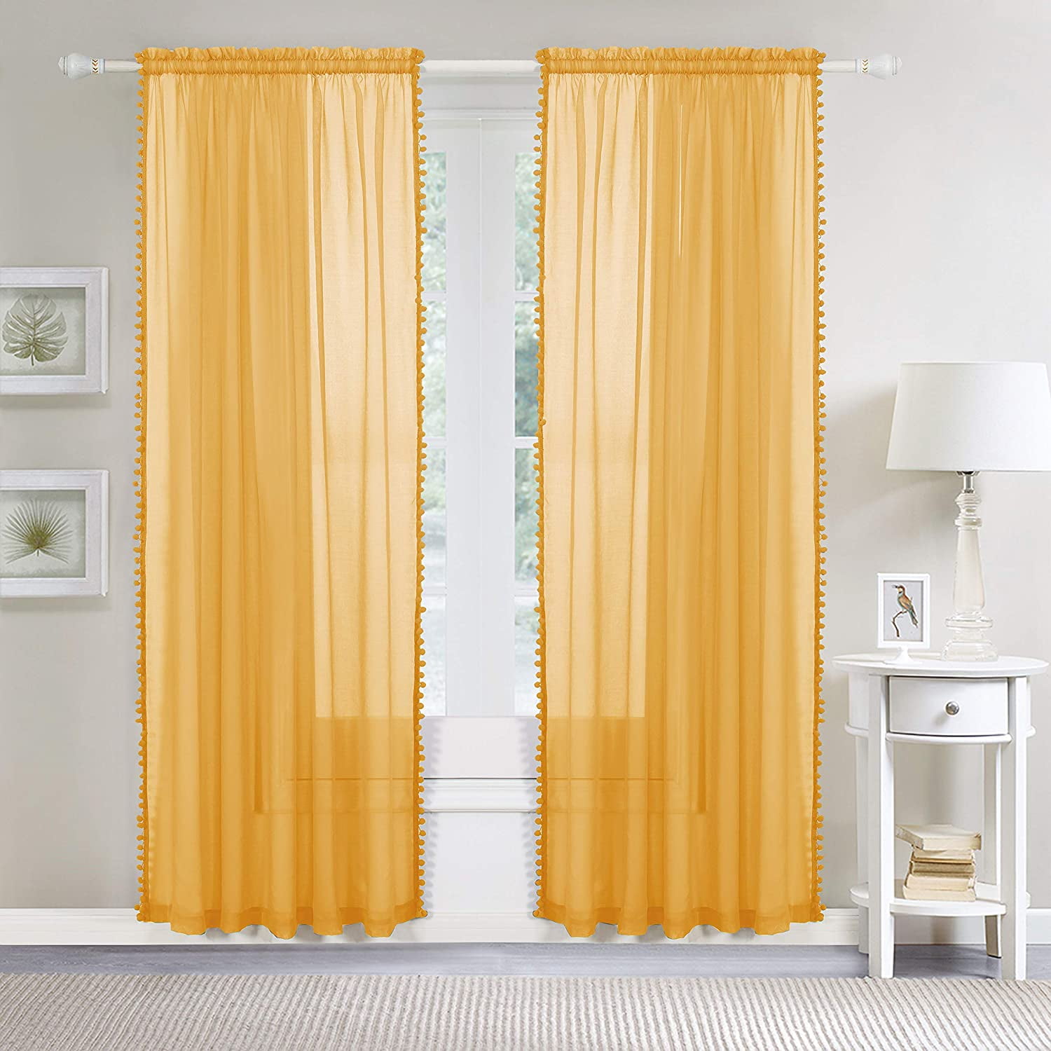 Pom Pom Tassled Sheer Curtain/Panel with 2" Rod Pocket-Set of 2 Curtain Panels,Bedroom