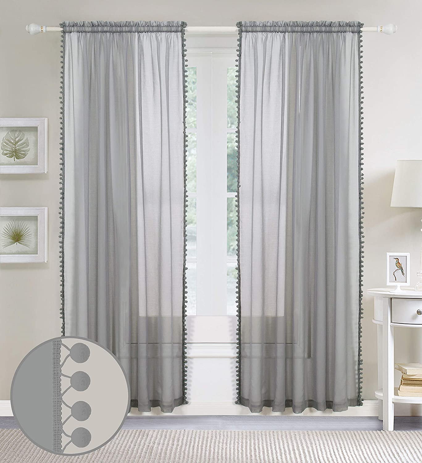 Pom Pom Tassled Sheer Panel Pair, 40x84, Gray