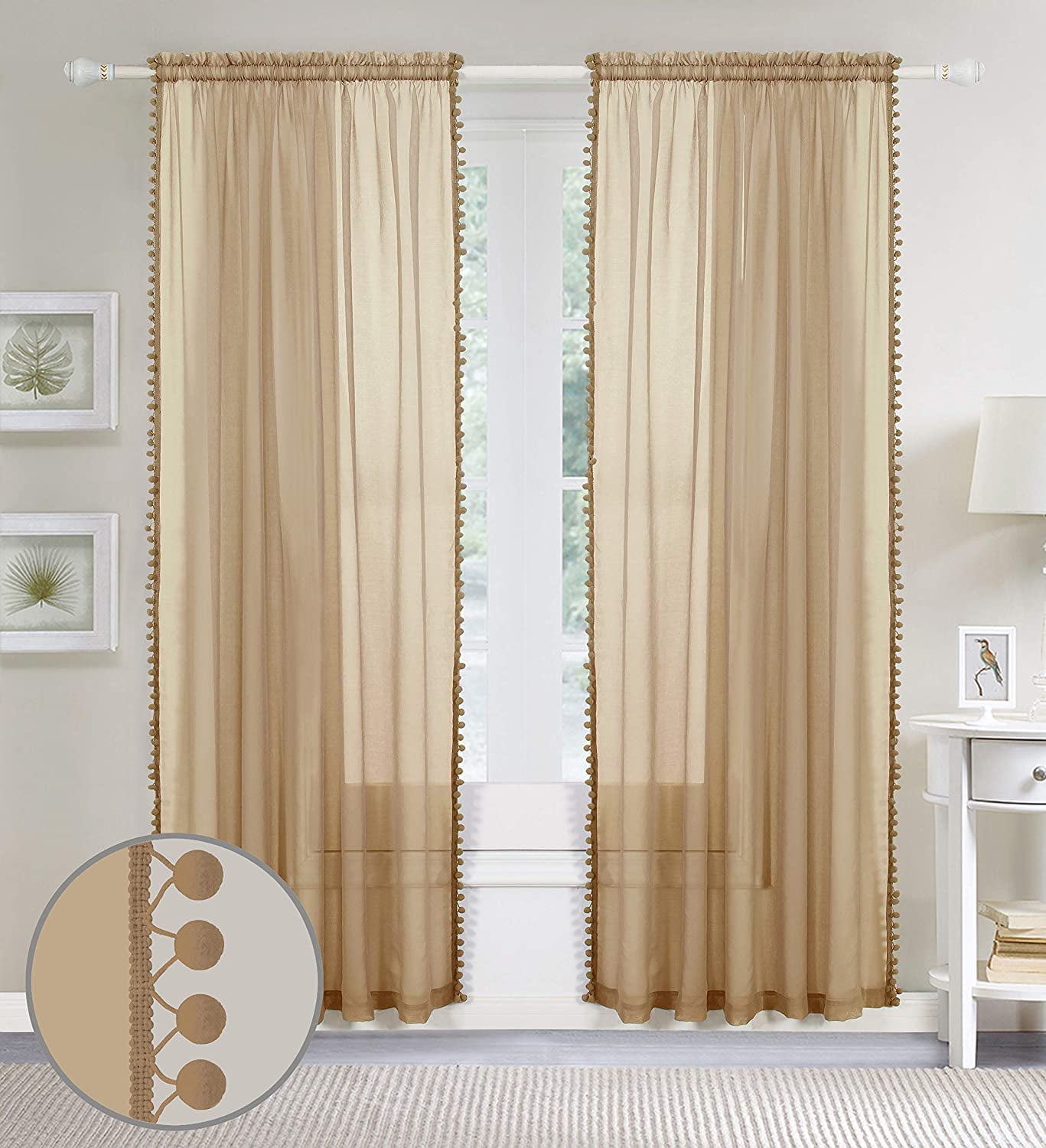 Pom Pom Tassled Sheer Panel Pair, 60x84, Beige