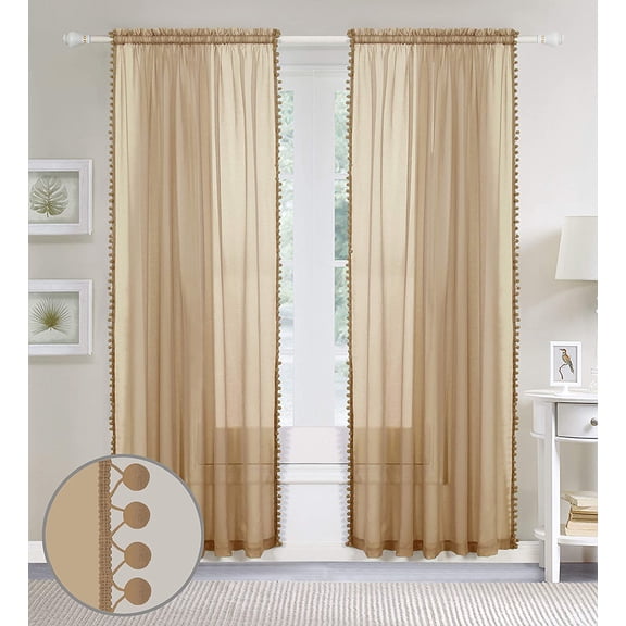 Pom Pom Tassled Sheer Panel Pair, 60x84, Beige