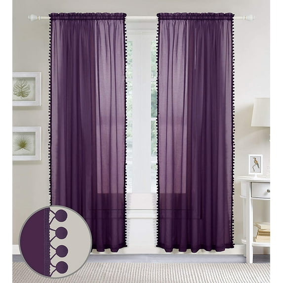 Pom Pom Tassled Sheer Rod Pocket Panel Pair, 60x84, Purple
