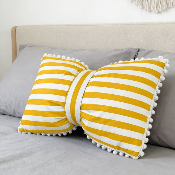 Pom Pom Trim Striped Bowtie Throw Pillow, Soft Decorative Cushion for Couch, Bed, Living Room Home Decor