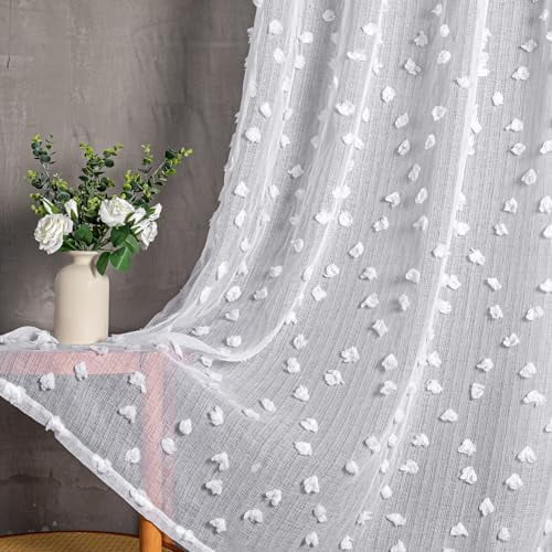 Pom Pom White Sheer Curtains for Bedroom Girls Room Curtains 72 Inches Long for Nursery Kids Light Filtering Boho Window Drapes, Rod Pocket, 52" Wide, 2 Panels