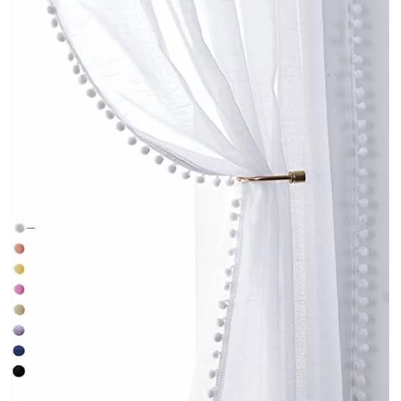 Pom Pom White Sheer Curtains for Living Room 63" Linen Texture Rod Pocket Window Sheers 52" w x 2 Panels, Rod Pocket Drapes