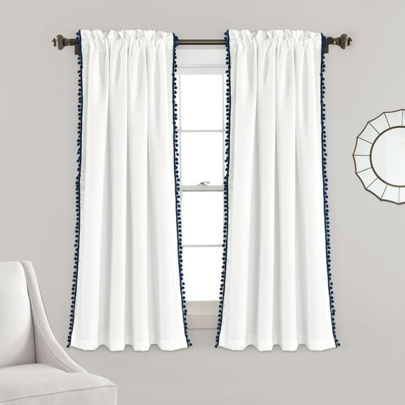 Pom Pom Window Curtain Panel Navy Single 50X63+2
