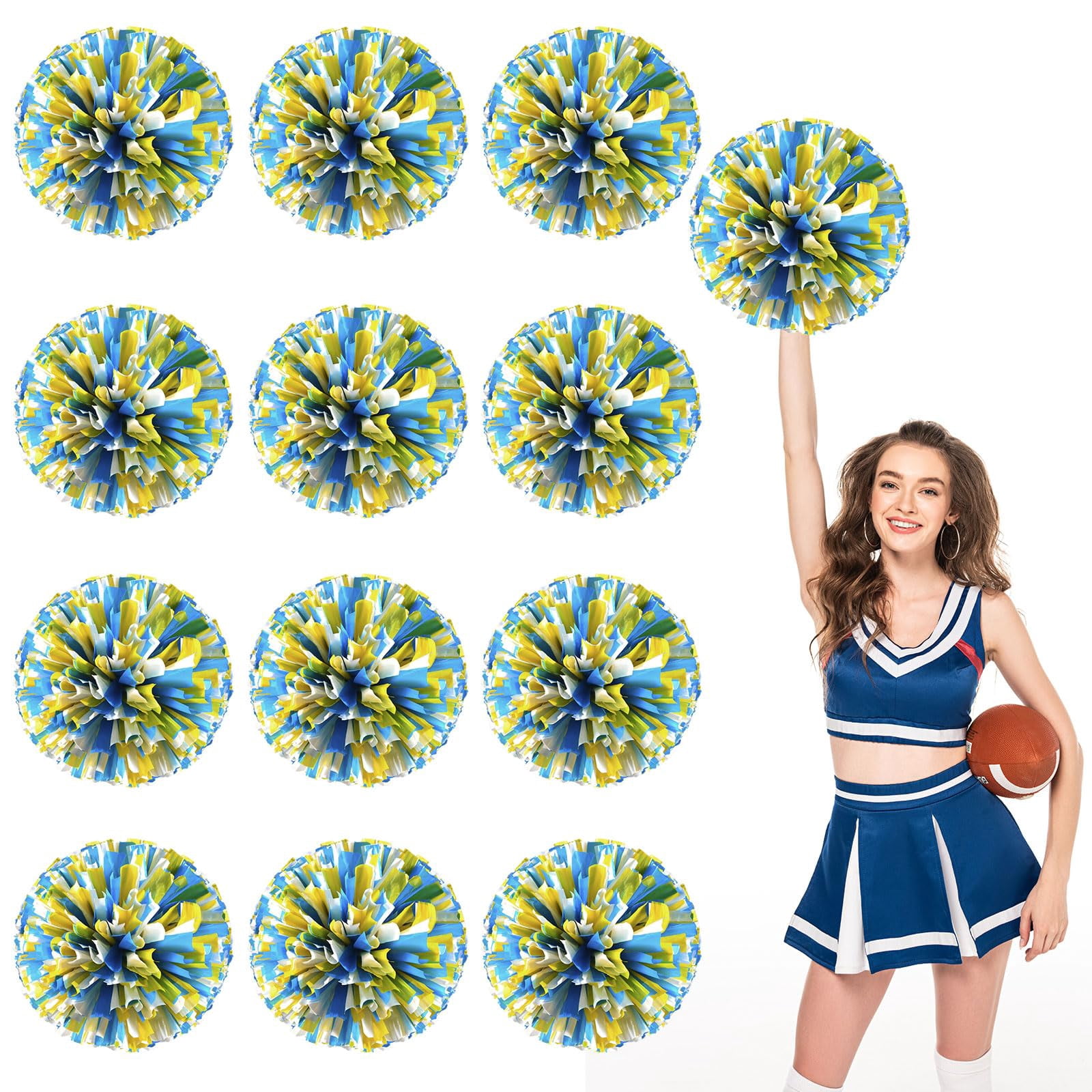 Cheer Pom Poms 12 Pcs Four Finger Handle, Cheerleading Handheld Squad Pompoms for Sports Team Cheer Spirit Games Dance Party Adults