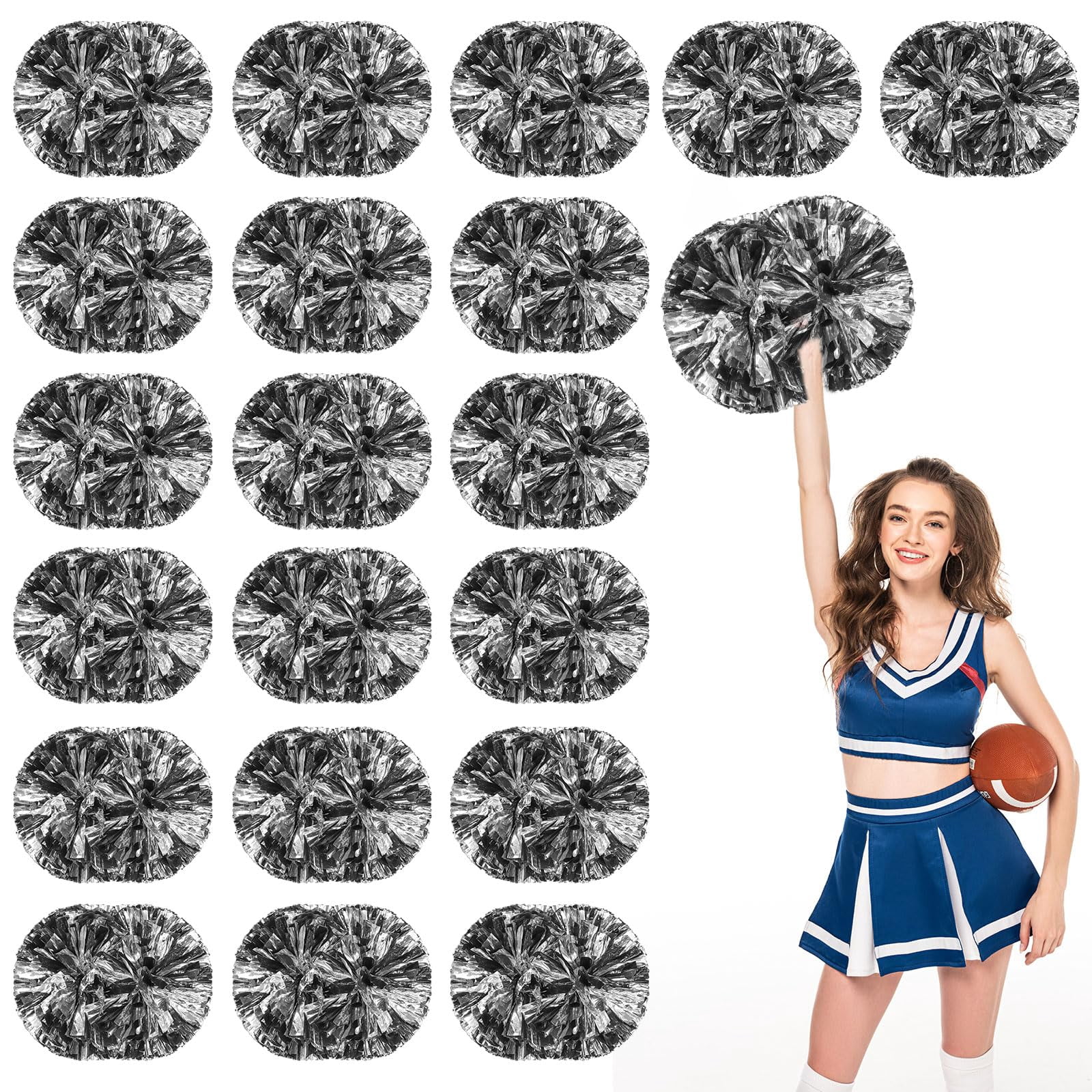 Pom Poms Cheer 18 Pcs with Handle, Cheerleading Handheld Squad Pompoms for Sports Team Spirit Games Dance Party Adults