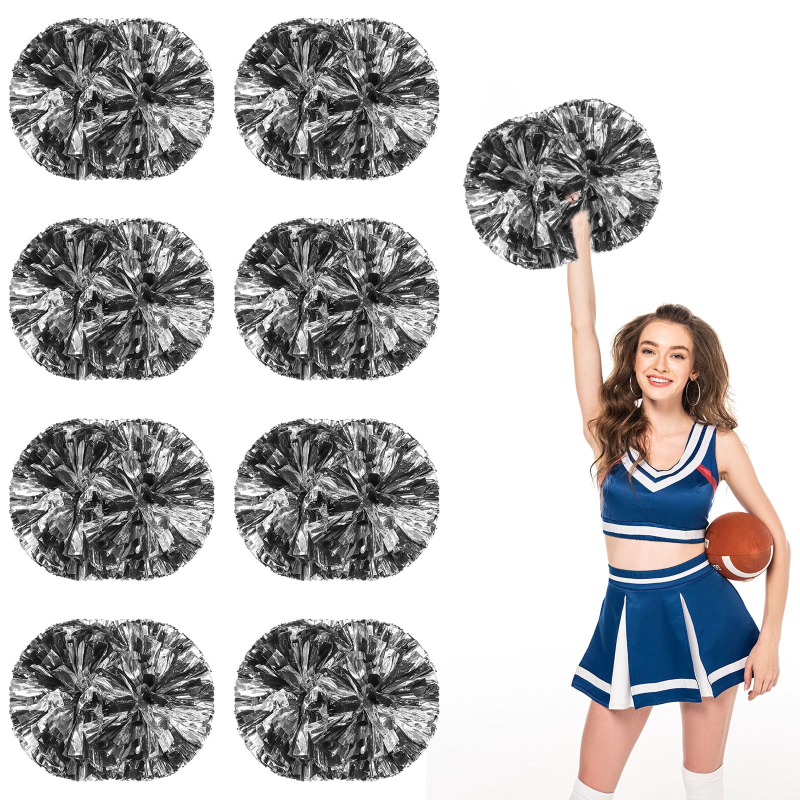 Pom Poms Cheer 8 Pcs with Handle, Cheerleading Handheld Squad Pompoms for Sports Team Spirit Games Dance Party Adults