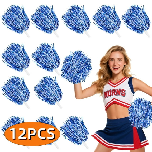 Pom Poms Cheerleading Sports Spirited Cheerleading Stuff Metallic Foil Pompoms with Plastic Handles for Rooters Cheering Squad Team Spirit Sports 12Pcs Blue White
