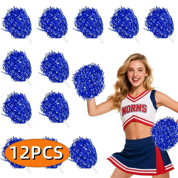 Pom Poms Cheerleading Sports Spirited Cheerleading Stuff Metallic Foil Pompoms with Plastic Handles for Rooters Cheering Squad Team Spirit Sports 12Pcs Blue