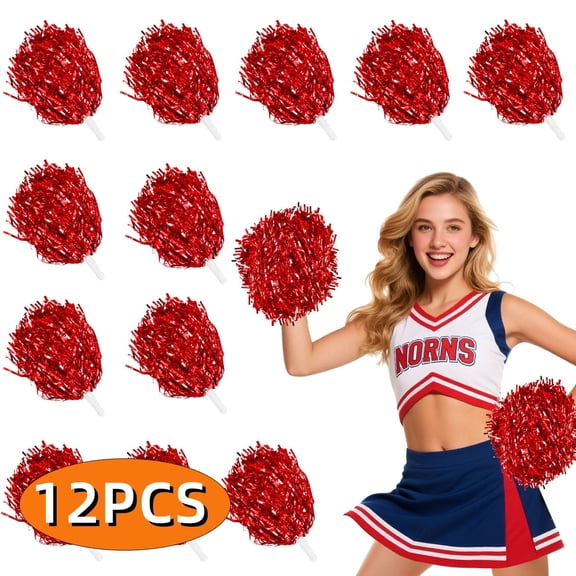 Pom Poms Cheerleading Sports Spirited Cheerleading Stuff Metallic Foil Pompoms with Plastic Handles for Rooters Cheering Squad Team Spirit Sports 12Pcs Red