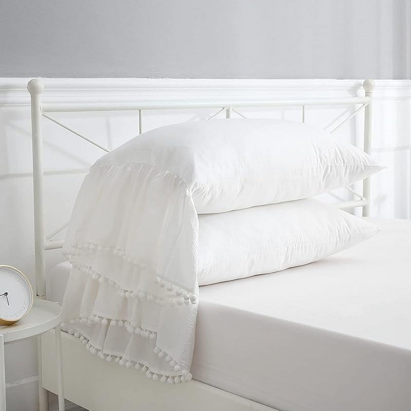 Pom Poms Pillowcases with Long Ruffles Ivory Pillow Shams Cotton Pillow Covers Queen Size 20"X30" Farmhouse French Country 2-Pack