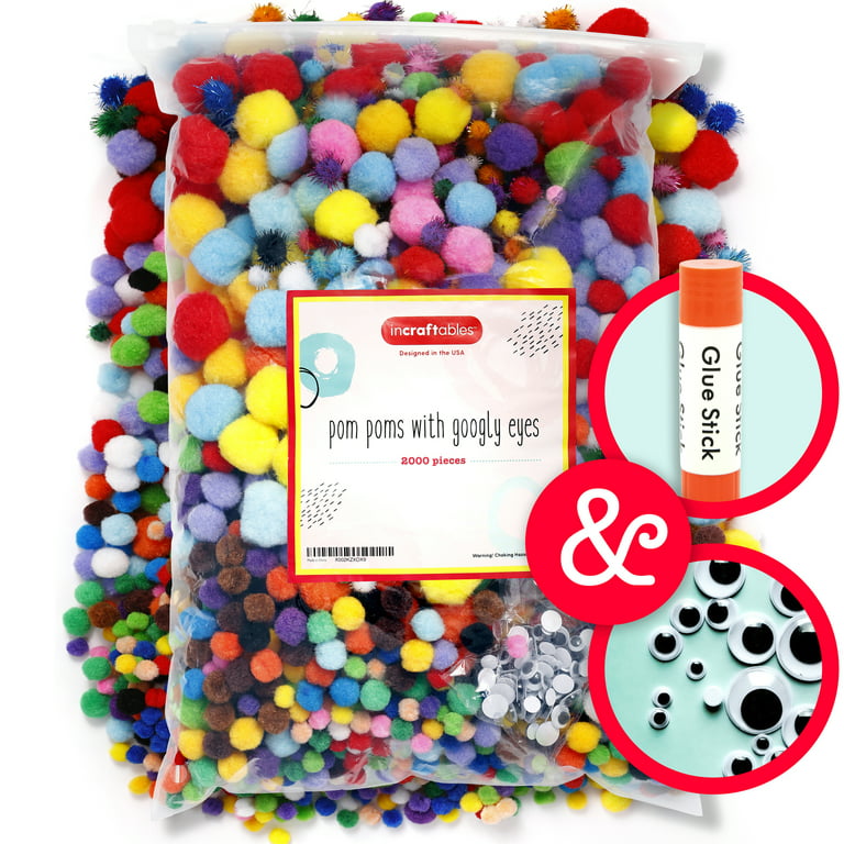 Incraftables 2000 Pcs Pom Poms with Googly Eyes & Glue Stick. Best Colored & Glitter Cotton 0.4 to 1.4 inch Balls for DIY Craft, Hats & Decorations.