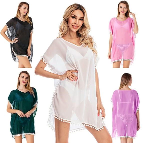 Pom Trim Chiffon Chiffon Swimsuit Loose Cover Up Summer Bathing Suit Bikini for Women Girls