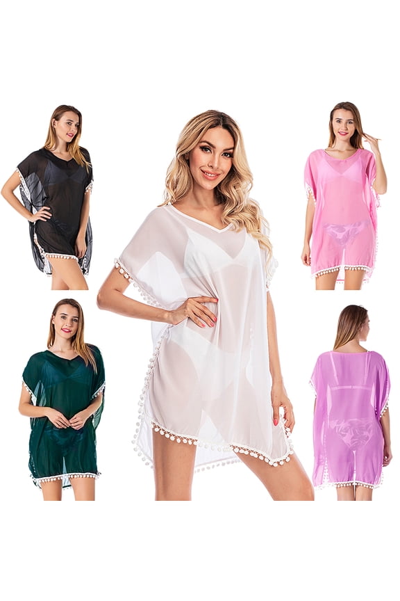 Pom Trim Chiffon Chiffon Swimsuit Loose Cover Up Summer Bathing Suit Bikini for Women Girls