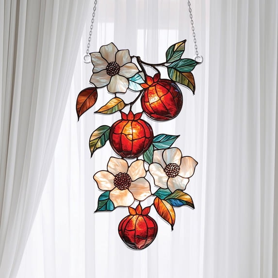 Pomegranate Branch Acrylic Suncatcher Red Fruit Blossoms Window Hanging Elegant Kitchen Garden Decor Gift For Grandma