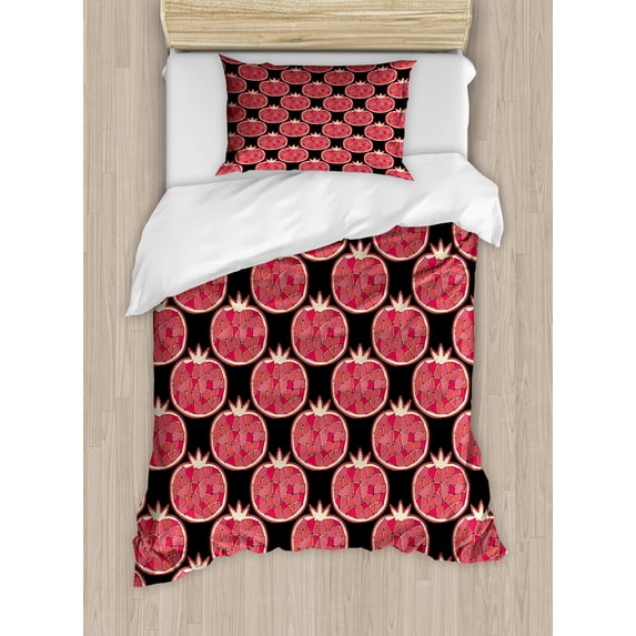 Pomegranate Duvet Cover Set, Continuous Mosaic Inspire Fruit Design with Champagne Tone, Decorative 2 Piece Bedding Set with 1 Pillow Shams, Twin Size, Charcoal Grey Dark Coral, by Ambesonne