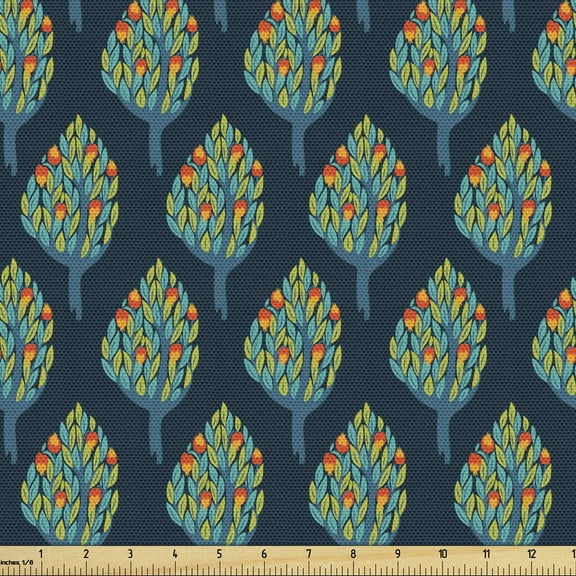 Pomegranate Fabric by the Yard, Doodle Style Abstract Fruit Trees Pattern Botanical Ornament, Decorative Upholstery Fabric for Chairs & Home Accents, 1 Yard, Multicolor by Ambesonne