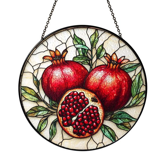 Pomegranate Glass Suncatcher Window Hanging Decor, Rich Red Fruit Botanical Design, Unique Home Accent Gift