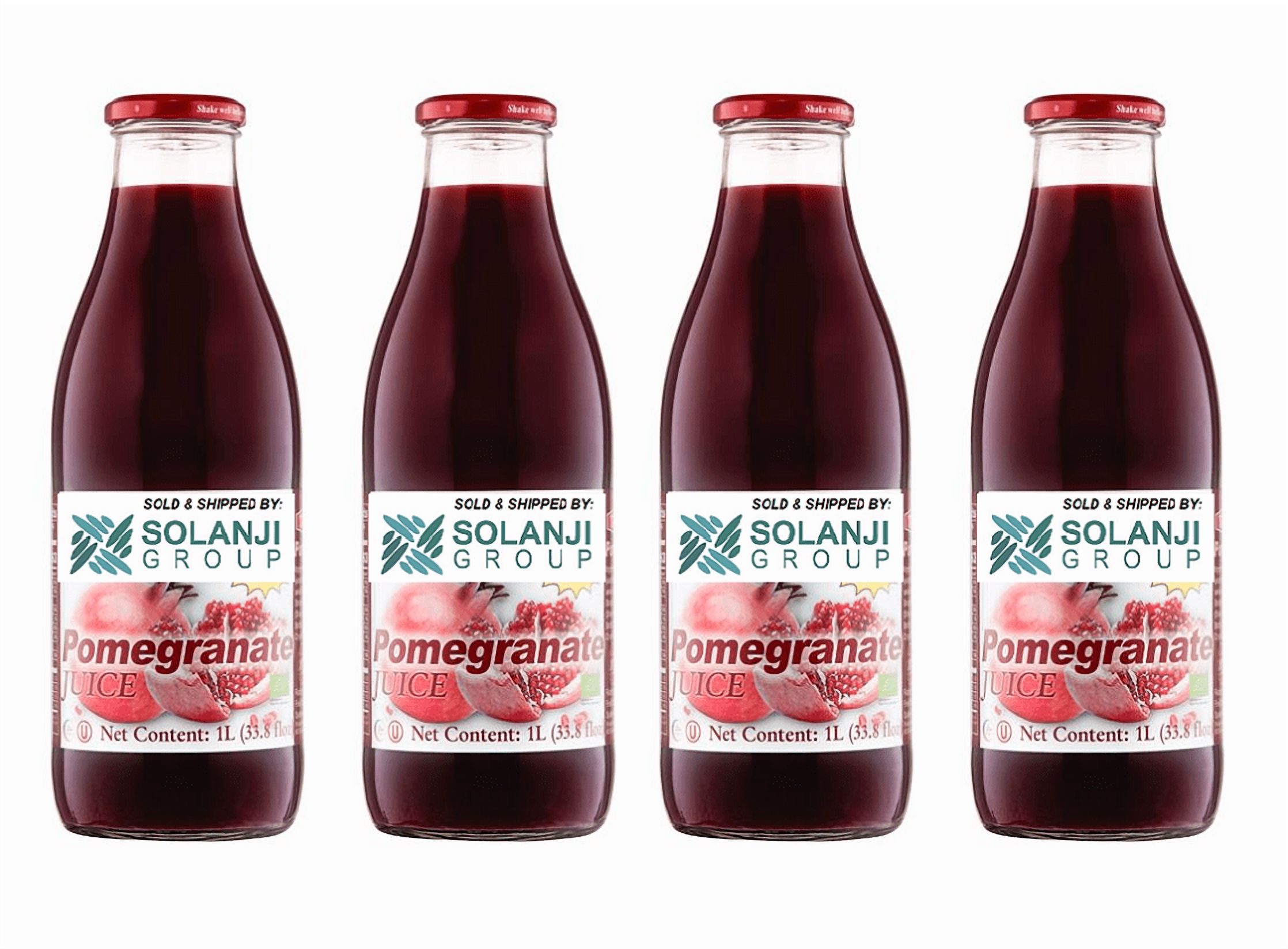Pomegranate Juice Net 33.8 fl.oz (1 Ltr.) - Four (4) Glass Bottles - High in Antioxidants