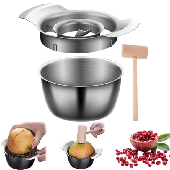 Pomegranate Peeler Stainless Steel Pomegranate Deseeder Pomegranate Seeder Pomegranate Arils Removal Tool Non-Slip Pomegranate Seed Remover with Bowl and Wood Hammer for Home Kitchen