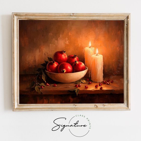 Pomegranate Still Life With Candles, Festive Farmhouse Kitchen Art, Rustic Winter Wall Decor, Warm Winter Poster 2720 Warm Present Vintage UNFRAMED Poster Size 8x12